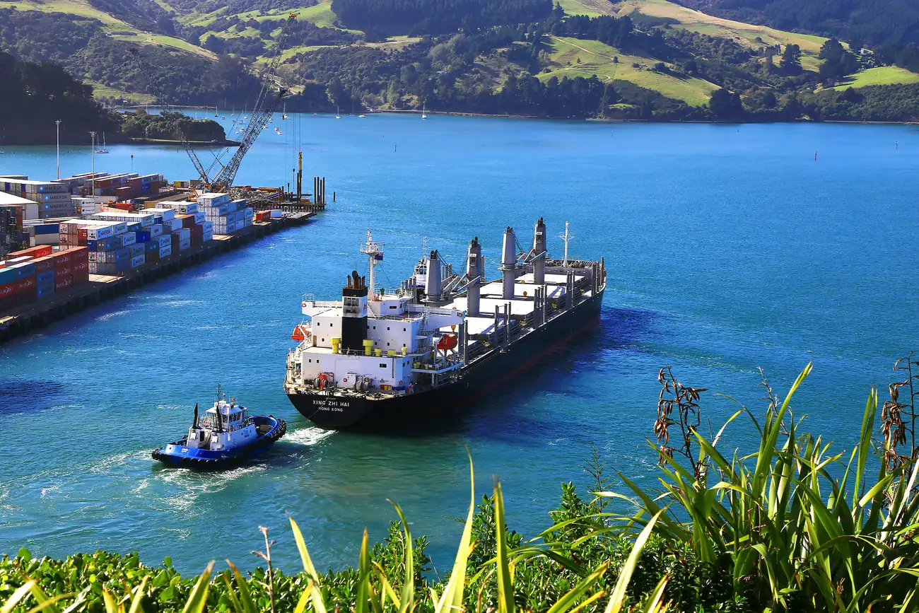 Container ship departing a port past green hills, representing certified export pallet shipments.