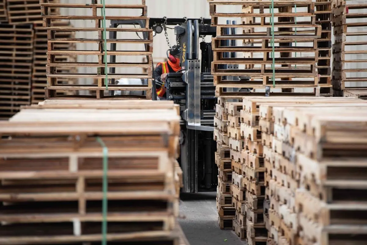 Worker on a forklift between stacks of remanufactured wooden pallets and bundled deck-board lumber in an ePallet rebuild shop