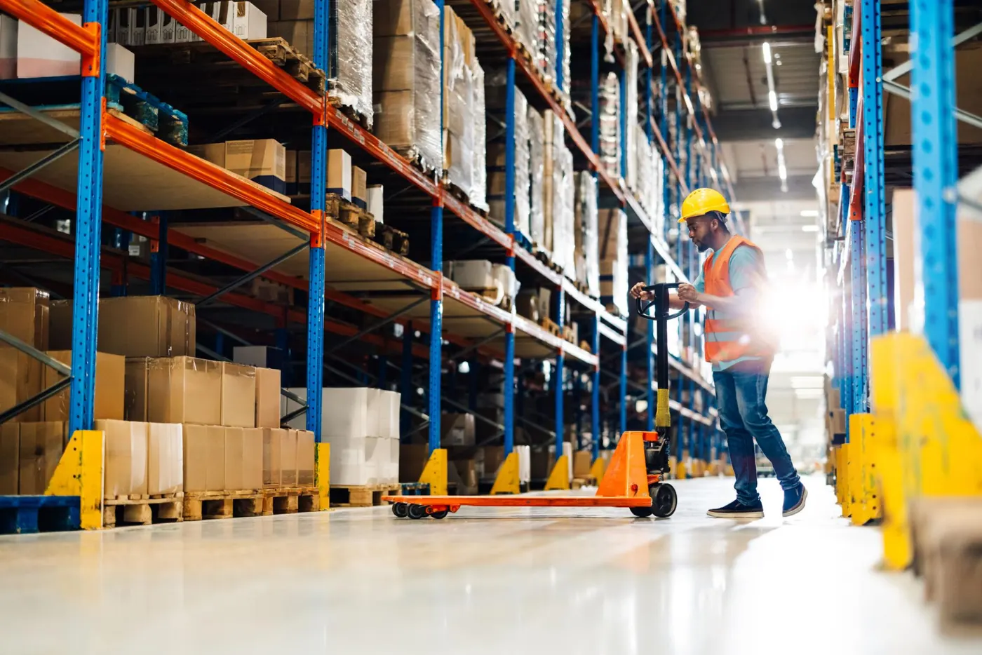 Warehouse worker moving a loaded pallet with a pallet jack down a racked aisle for an LTL order.